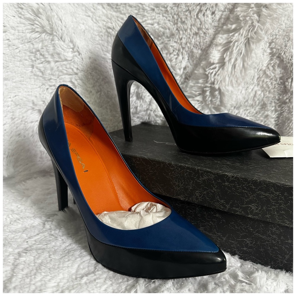 Via Spiga Womens Black Blue Leather 
Pointed Toe Platform Stiletto High Heels